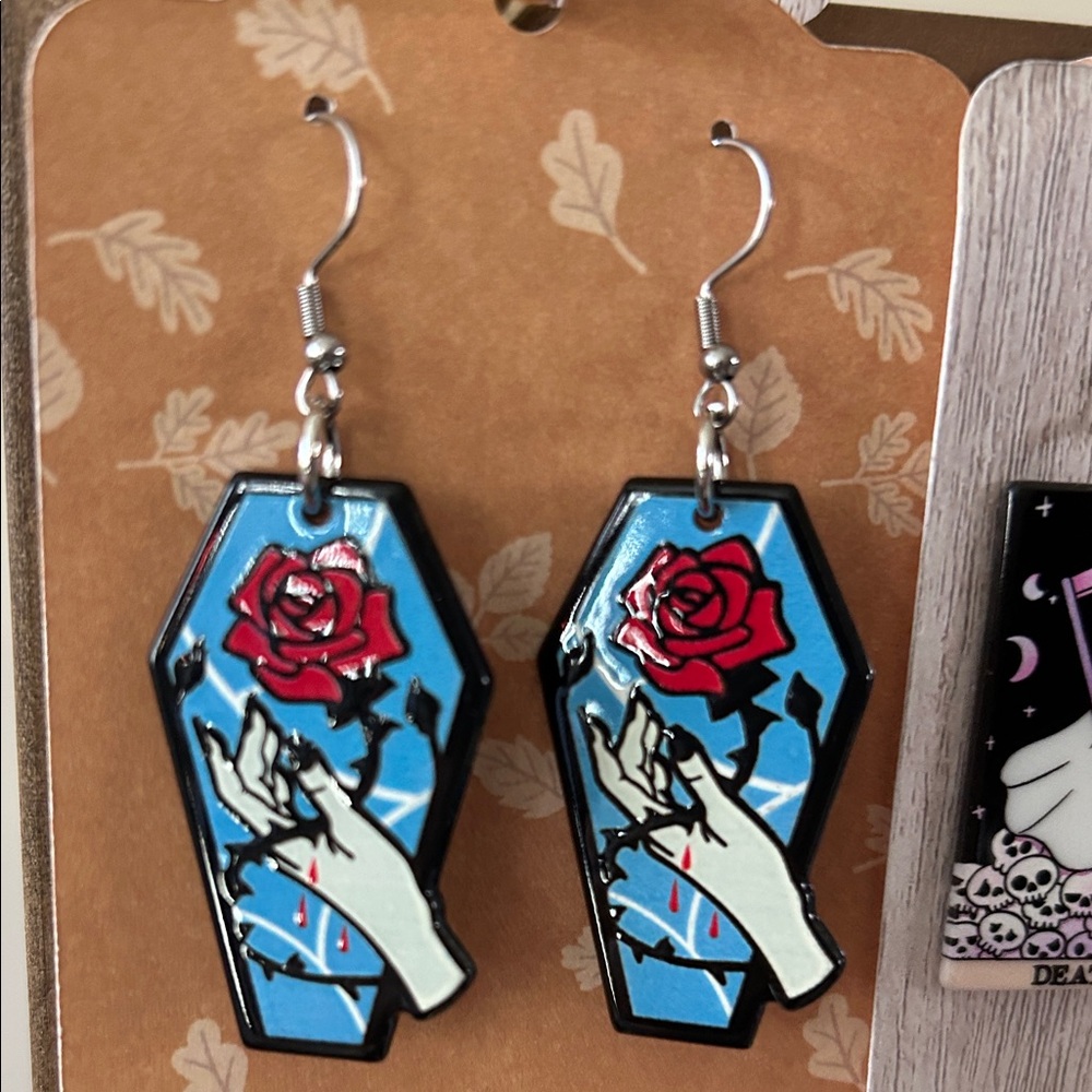 Coffin Earrings with Red Rose and Hand Design